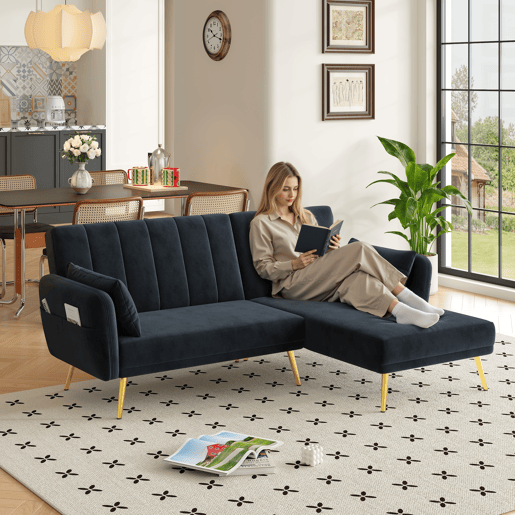 Sofá-cama dobrável 3 lugares conversível reversível de veludo,preto