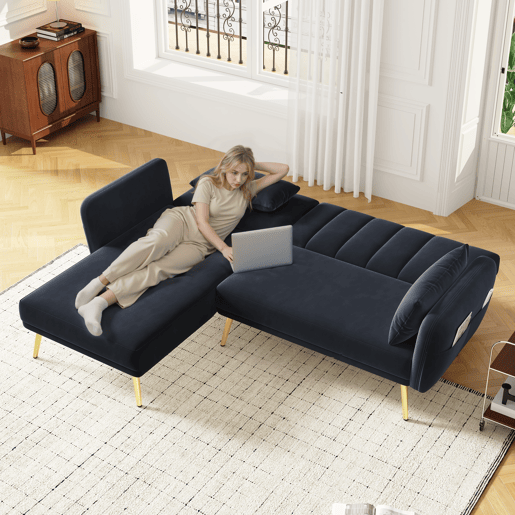 Sofá-cama dobrável 3 lugares conversível reversível de veludo,preto