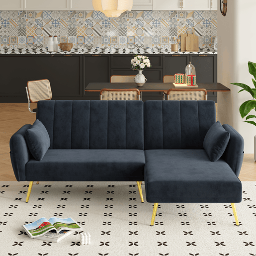 Sofá-cama dobrável 3 lugares conversível reversível de veludo,preto