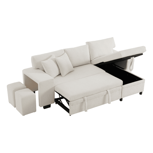 Sofá-cama 3 lugares conversível reversível de tecido com armazenamento,bege