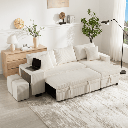 Sofá-cama 3 lugares conversível reversível de tecido com armazenamento,bege