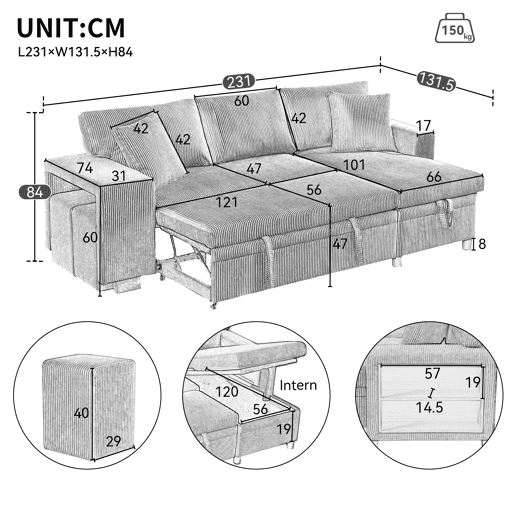 Sofá-cama 3 lugares conversível reversível de tecido com armazenamento,bege
