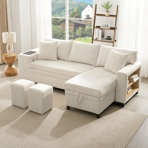 Sofá-cama 3 lugares conversível reversível de tecido com armazenamento,bege