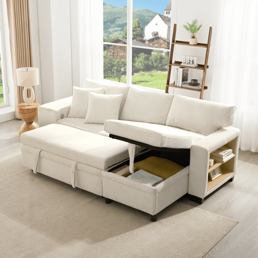 Sofá-cama 3 lugares conversível reversível de tecido com armazenamento,bege