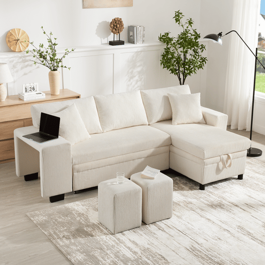 Sofá-cama 3 lugares conversível reversível de tecido com armazenamento,bege