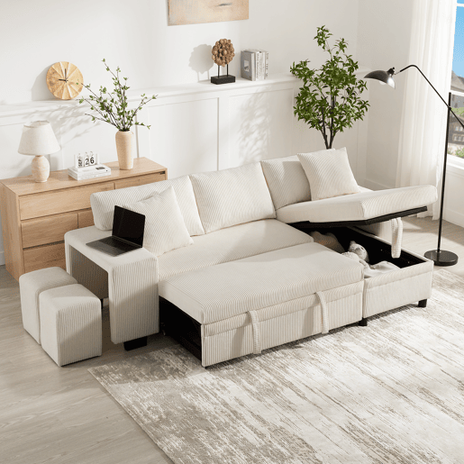 Sofá-cama 3 lugares conversível reversível de tecido com armazenamento,bege