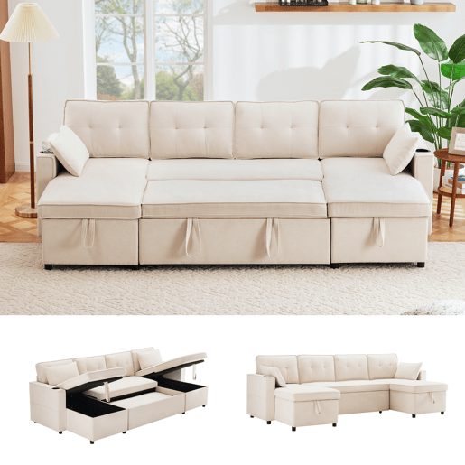 Sofá-cama 4 lugares conversível panorâmico de algodão e linho com armazenamento,bege