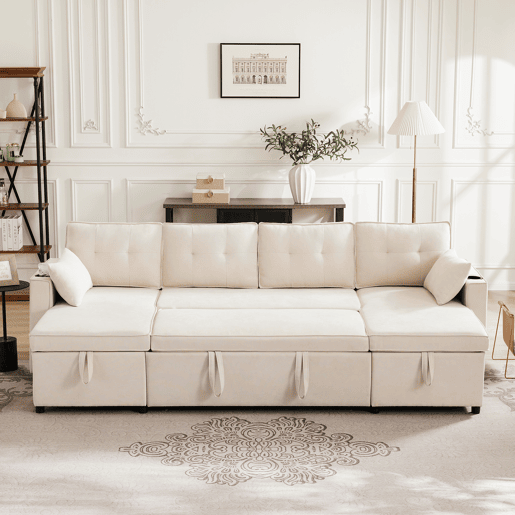 Sofá-cama 4 lugares conversível panorâmico de algodão e linho com armazenamento,bege