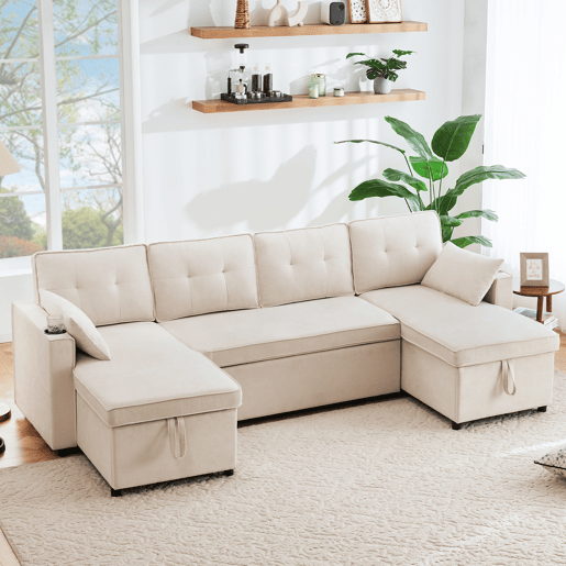 Sofá-cama 4 lugares conversível panorâmico de algodão e linho com armazenamento,bege