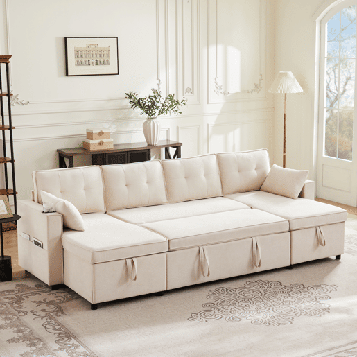 Sofá-cama 4 lugares conversível panorâmico de algodão e linho com armazenamento,bege