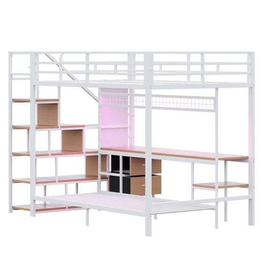 Cama alta metálica 140x200+90x200 - Multifuncional com secretária, LED, tomadas e arrumação - Branco