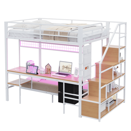 Cama alta metálica 140x200+90x200 - Multifuncional com secretária, LED, tomadas e arrumação - Branco