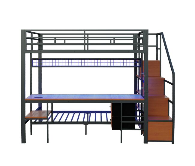 Cama alta metálica 140x200+90x200 - escritorio, led, enchufes, almacenaje y cajones - negro