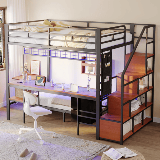 Cama alta metálica 140x200+90x200 - Secretária, LED, tomadas, arrumação e gavetas - Preto