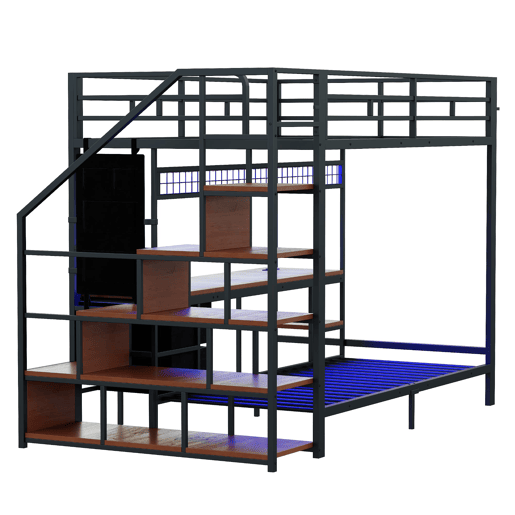 Cama alta metálica 140x200+90x200 - Secretária, LED, tomadas, arrumação e gavetas - Preto