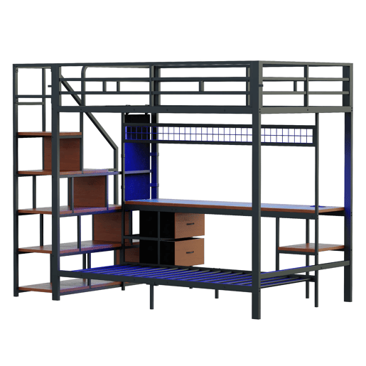 Cama alta metálica 140x200+90x200 - Secretária, LED, tomadas, arrumação e gavetas - Preto