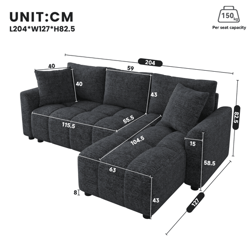 Chaise longue 3 lugares fixa reversível de tecido,cinza