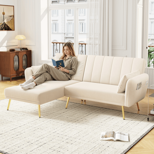 Sofá-cama dobrável 3 lugares conversível reversível de veludo,bege