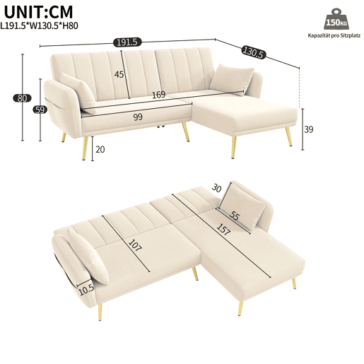 Sofá-cama dobrável 3 lugares conversível reversível de veludo,bege