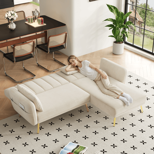 Sofá-cama dobrável 3 lugares conversível reversível de veludo,bege