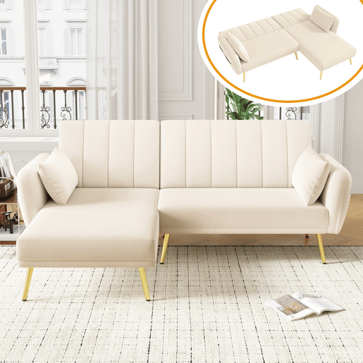 Sofá-cama dobrável 3 lugares conversível reversível de veludo,bege