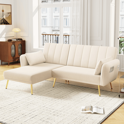 Sofá-cama dobrável 3 lugares conversível reversível de veludo,bege