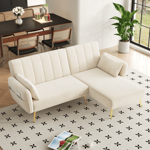Sofá-cama dobrável 3 lugares conversível reversível de veludo,bege