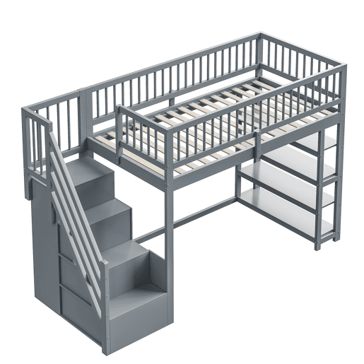 Cama alta em madeira maciça 90x200 cm - design de segurança com grade alta, armário, prateleiras e espaço de armazenamento com escada segura - cinza