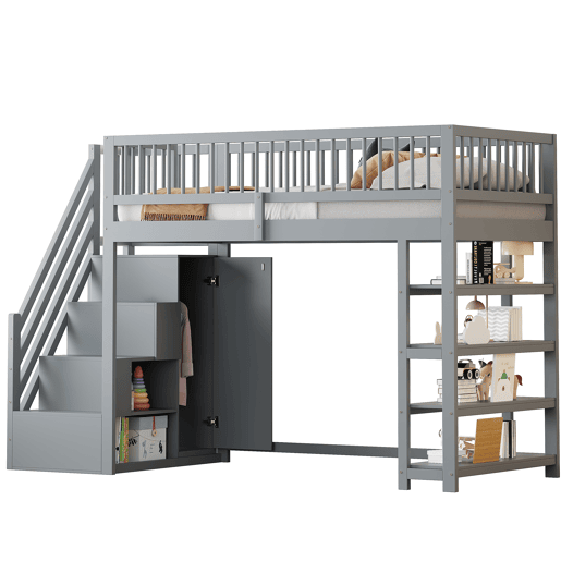 Cama alta em madeira maciça 90x200 cm - design de segurança com grade alta, armário, prateleiras e espaço de armazenamento com escada segura - cinza