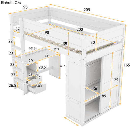 Cama mezzanine 90x200 cm - cama de criança multifunções - equipada com roupeiro e secretária - em pinho maciço - Branco