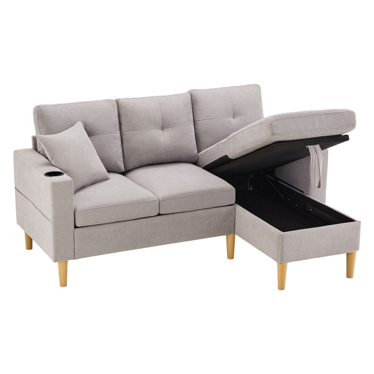 Chaise longue 3 plazas fija reversible de algodón y lino con almacenaje,gris claro