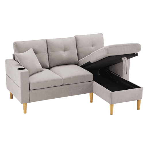 Chaise longue 3 lugares fixa reversível de algodão e linho com almacenaje,cinza claro