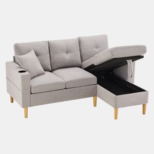 Chaise longue 3 lugares fixa reversível de algodão e linho com almacenaje,cinza claro