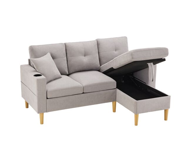 Chaise longue 3 plazas fija reversible de algodón y lino con almacenaje,gris claro