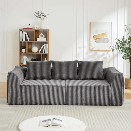 Sofá Minimalista 235 cm 3 lugares - Linhas curvas, encosto ligeiramente inclinado, com duas almofadas - Cinza