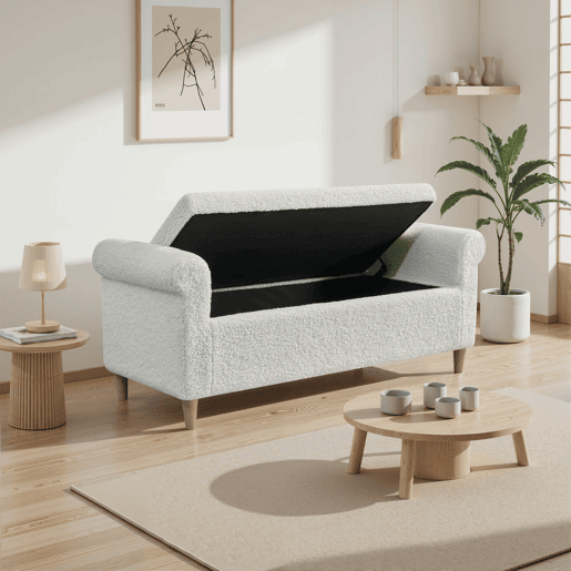 Pufe compacto com espaço de arrumação - Estofado em tecido com tampa rebatível - Branco