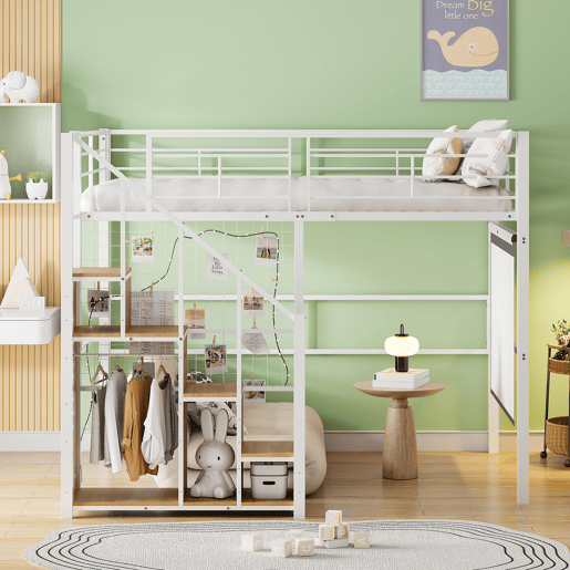 Cama mezzanine para crianças 140x200 cm - com escada de segurança e arrumação - Branco