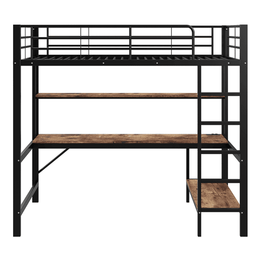 Cama alta 90x200cm - Corrimão, escada, com USB e tomada, com luzes LED, secretária, estante de vários níveis - Preto