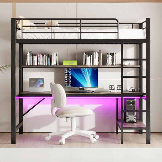 Cama alta 90x200cm - Corrimão, escada, com USB e tomada, com luzes LED, secretária, estante de vários níveis - Preto