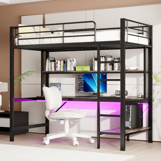 Cama alta 90x200cm - Corrimão, escada, com USB e tomada, com luzes LED, secretária, estante de vários níveis - Preto