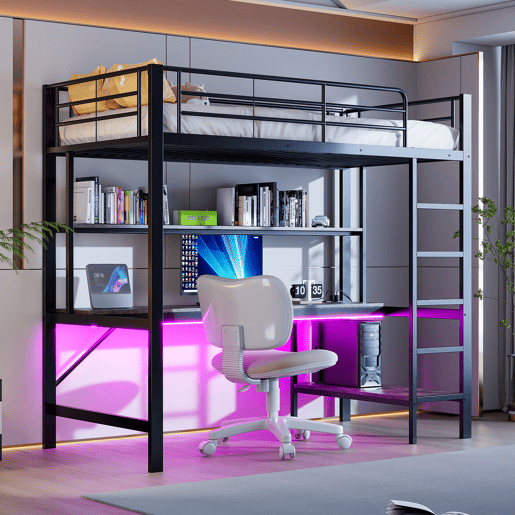 Cama alta 90x200cm - Corrimão, escada, com USB e tomada, com luzes LED, secretária, estante de vários níveis - Preto