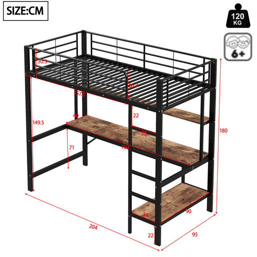 Cama alta 90x200cm - Corrimão, escada, com USB e tomada, com luzes LED, secretária, estante de vários níveis - Preto