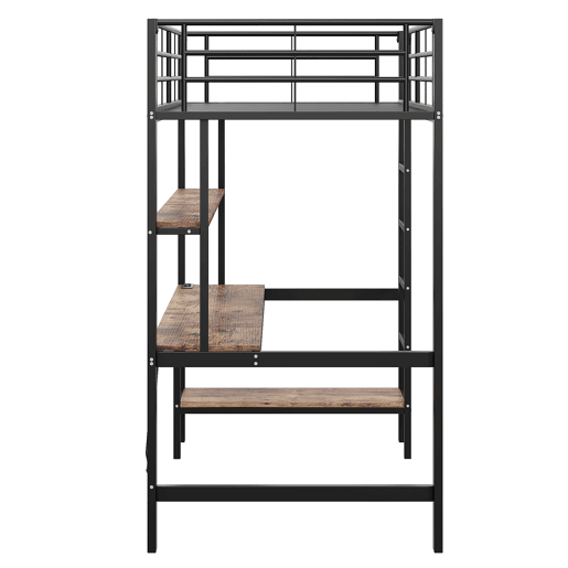 Cama alta 90x200cm - Corrimão, escada, com USB e tomada, com luzes LED, secretária, estante de vários níveis - Preto