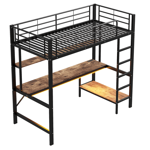Cama alta 90x200cm - Corrimão, escada, com USB e tomada, com luzes LED, secretária, estante de vários níveis - Preto