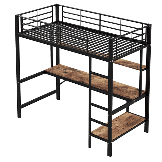 Cama alta 90x200cm - Corrimão, escada, com USB e tomada, com luzes LED, secretária, estante de vários níveis - Preto