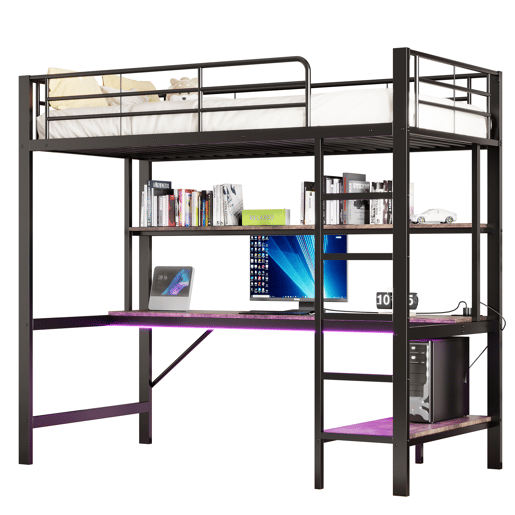 Cama alta 90x200cm - Corrimão, escada, com USB e tomada, com luzes LED, secretária, estante de vários níveis - Preto
