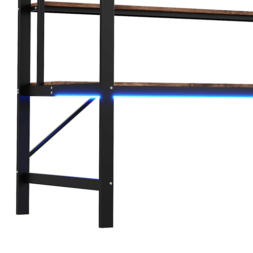 Cama alta 90x200cm - Corrimão, escada, com USB e tomada, com luzes LED, secretária, estante de vários níveis - Preto