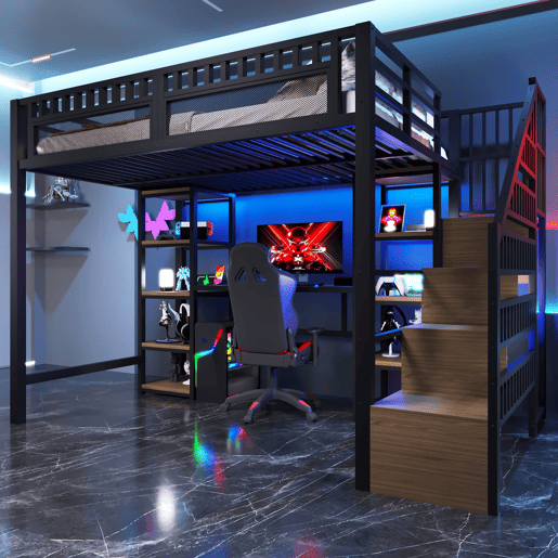 Beliche alto 140x200 cm - Estrutura metálica, prateleira, escada com arrumação, secretária, LED, USB - Preto