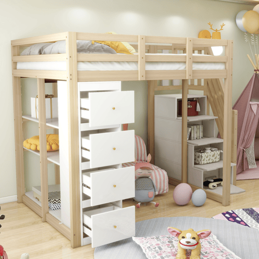 Cama alta 140 x 200 cm - madeira maciça multifuncional com gavetas, cómoda com prateleiras e escada segura - natural