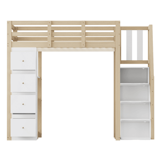 Cama alta 140 x 200 cm - madeira maciça multifuncional com gavetas, cómoda com prateleiras e escada segura - natural